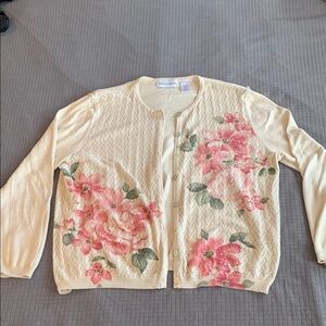 Floral Pink Green Cream Cardigan Size XL Beads Sequins Embroidered